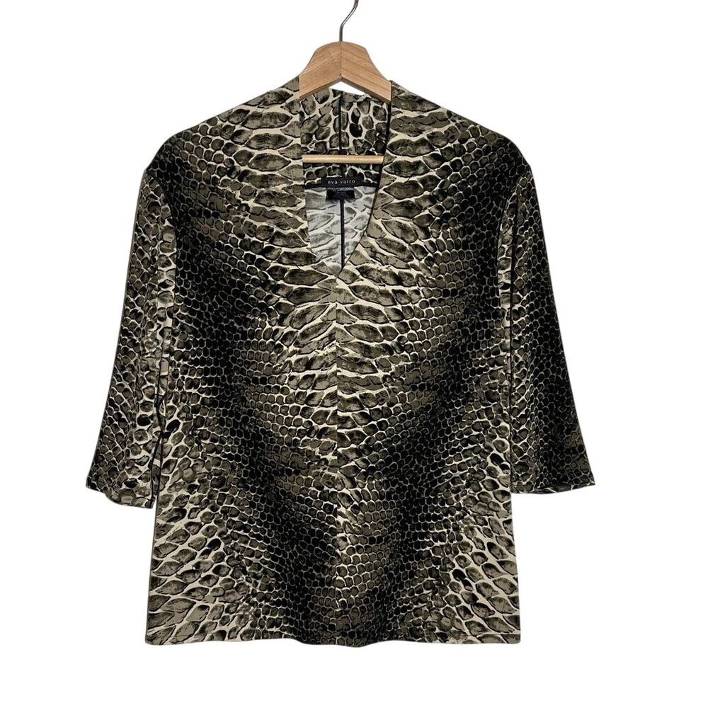 Eva Varro Snake Scale Print Split V-Neck Top Sz L 3/4 Sleeves Wrinkle Resistant